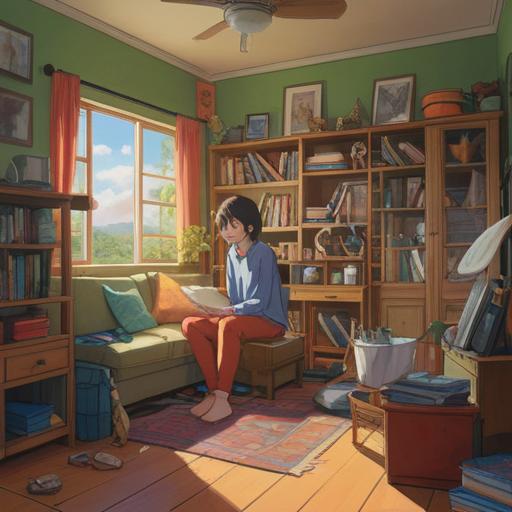 A serene living room scene, filled with cluttered items being gently organized, soft sunlight streaming through the window, a person meditating with closed eyes, symbols of spiritual growth such as feathers and crystals, an aura of tranquility and clarity, subtle hints of energy flowing, inviting and warm atmosphere, 4k