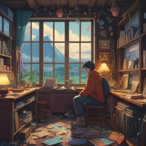 A serene and introspective scene, a person surrounded by various clutter and items, contemplating life choices, soft light filtering through a window, an air of spiritual awakening, minimalistic decor, symbols of letting go and personal growth, a subtle sense of relief and liberation, warm colors, calming atmosphere, 4k