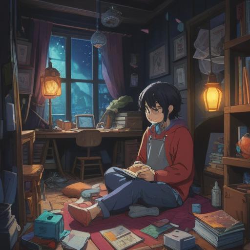 A weary individual surrounded by clutter, items scattered around, expressions of exhaustion and contemplation, ethereal light illuminating the scene, dark shadows representing negative energy, a sense of spiritual disconnection, emotional turmoil depicted, introspective atmosphere, 4k