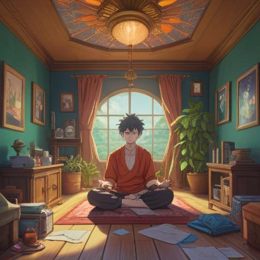 A serene and tranquil scene depicting the essence of decluttering for spiritual growth, a person meditating in a sunlit room filled with minimalist decor, surrounded by carefully placed objects symbolizing peace and clarity, soft light streaming through large windows, gentle shadows, a sense of calm and liberation, harmonious balance of nature and simplicity, 4k
