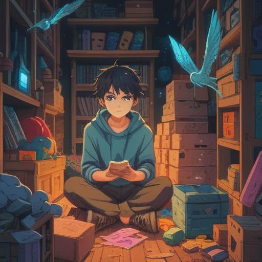 A serene and contemplative scene, a person surrounded by boxes and items to discard, a soft glow illuminating spiritual symbols in the air, signs such as feathers and orbs representing guidance, a sense of clarity and peace, natural sunlight streaming through a window, a tranquil and minimalistic environment, emphasizing the importance of mindfulness in decluttering, 4k