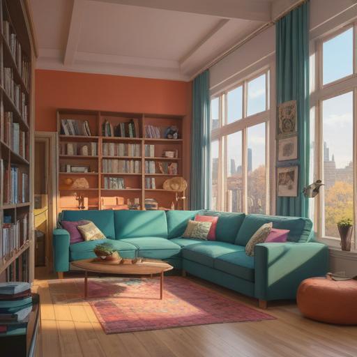 A serene living space after decluttering, light streaming through large windows, neatly organized shelves with lucky items, minimalist design, plants adding freshness, a sense of calm and positivity, warm colors, inviting atmosphere, harmonious balance, 4k