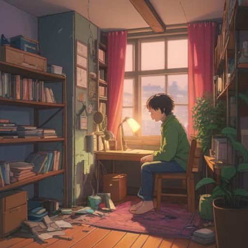 A serene and uplifting scene depicting the aftermath of decluttering, a person sitting in a bright, minimalist room surrounded by neatly organized items, sunlight streaming through large windows, a sense of peace and clarity in the air, fresh plants symbolizing new beginnings, soft colors, balanced composition, uplifting atmosphere, 4k