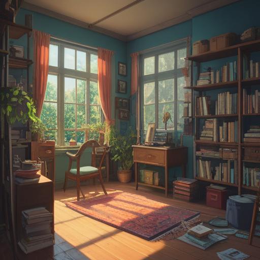 A serene and peaceful room, clutter-free space, sunlight streaming through the window, minimalist decor, tranquil atmosphere, items neatly organized, a sense of liberation, subtle hints of spiritual energy, fresh plants enhancing the ambiance, reflecting inner clarity, harmony and balance in design, 4k