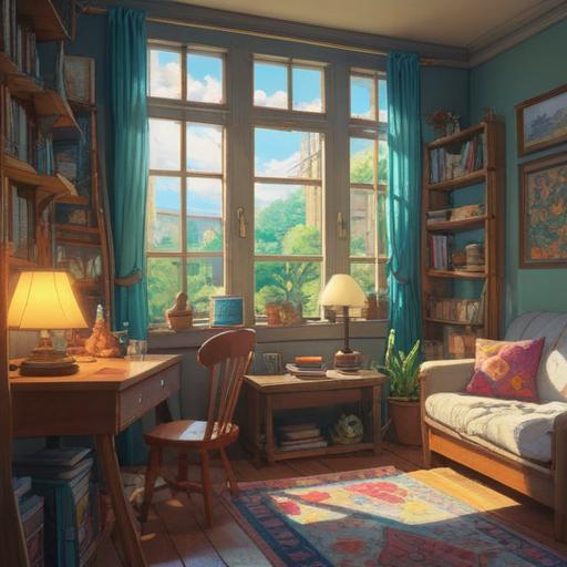 A serene and uplifting illustration, a bright room filled with neatly organized items, sunlight streaming through the window, a beautiful lucky stone glowing gently on a clean table, symbols of wealth and prosperity in the background, plants flourishing, a sense of peace and clarity, 4k
