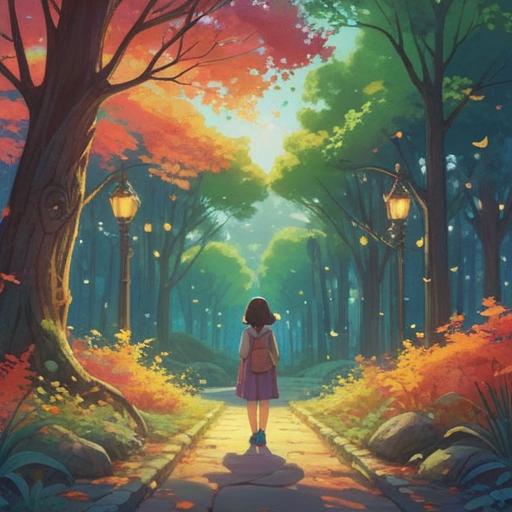 A whimsical illustration of a person discovering a magical charm, vibrant colors, a serene park setting, sunlight filtering through trees, the character looking intrigued and hopeful, surrounded by lucky symbols like four-leaf clovers and horseshoes, a sense of transformation and growth, uplifting atmosphere, detailed expressions, 4k