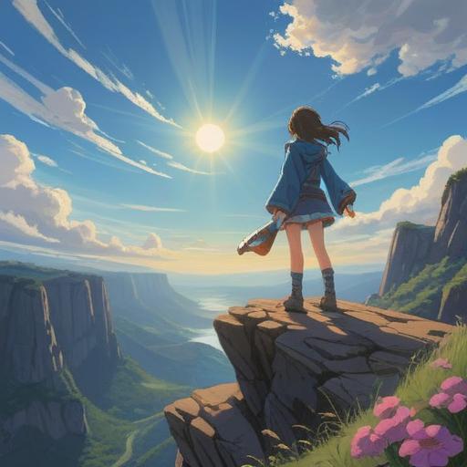 A person standing on the edge of a cliff, arms wide open, embracing the wind, bright blue sky, sunlight breaking through clouds, a sense of freedom and liberation, vibrant nature surrounding them, symbolic representation of new beginnings, peaceful expression, dynamic movement, 4k