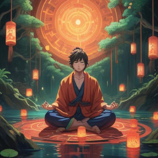 A serene illustration representing a person meditating with flowing energy around them, symbols of fortune and luck, harmonious colors blending into a peaceful landscape, elements of nature like flowing water and blooming flowers, representing balance and positive energy, detailed expressions of tranquility and focus, 4k