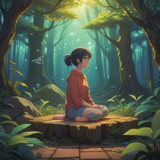 A serene and peaceful scene depicting a tranquil meditation space, soft lighting, gentle nature sounds, a person sitting cross-legged with a calm expression, surrounded by plants and crystals, symbolizing positive energy flow, warm ambiance, inviting atmosphere, mindfulness practice, harmonious balance, 4k