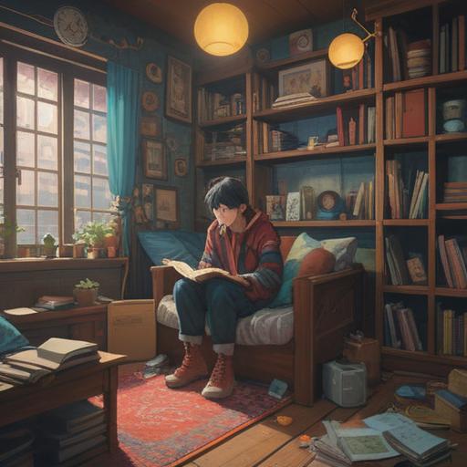 A serene and calming image of an individual surrounded by clutter, thoughtfully contemplating their possessions, soft light illuminating a corner, ethereal elements symbolizing spiritual growth and clarity, gentle colors conveying a sense of peace, uplifting atmosphere, transformative process of decluttering, 4k