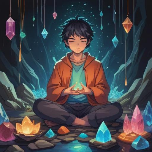 A serene and tranquil illustration of a person meditating with an array of lucky crystals surrounding them, each crystal radiating a gentle glow, bright sunlight filtering through leaves, a peaceful garden ambiance, soft colors, soothing atmosphere, nature-inspired elements, symbolizing clarity and emotional balance, 4k