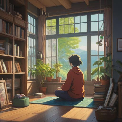 A serene and peaceful living space, minimalistic design, sunlight streaming through large windows, a person meditating amidst decluttered surroundings, symbolic items representing spiritual growth, soft shadows, calming colors, a sense of tranquility and clarity, harmonious atmosphere, focus on simplicity and mindfulness, 4k