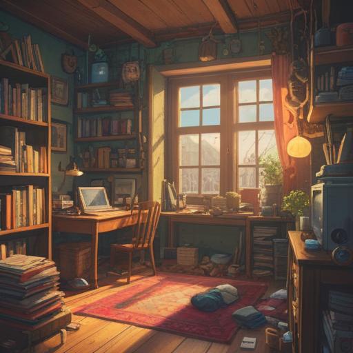 A serene and uplifting scene of a person decluttering a cozy room, sunlight streaming through the window, piles of items being sorted, a sense of achievement on the person's face, plants and fresh air symbolizing health, motivational quotes on the wall, bright and positive energy, sense of renewal and balance, 4k