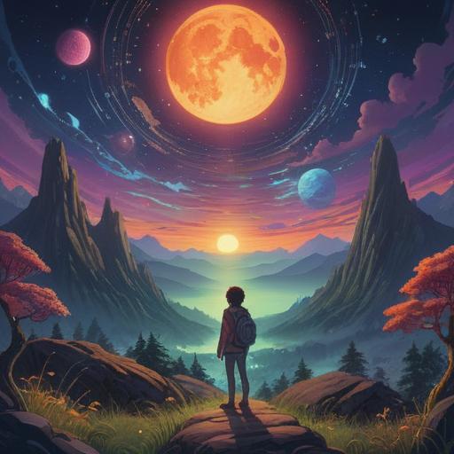 A serene and mystical landscape, celestial bodies illuminating the night sky, ethereal energy surrounding a glowing figure, vibrant colors representing life and growth, symbolism of transformation and new beginnings, gentle aura of protection and guidance, tranquil setting with soft light, harmonious connection to the universe, 4k