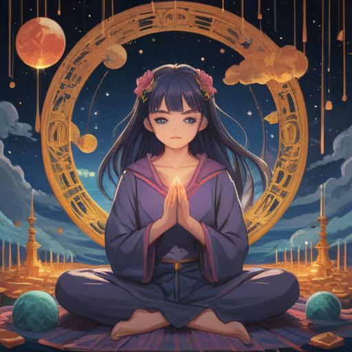 A mystical illustration depicting spiritual signs around a birthday, subtle energies in the atmosphere, celestial symbols like stars and moons, a person meditating with aura visualization, vibrant colors representing emotions, nature elements like trees and flowers enhancing the scene, a month-long timeline with important dates highlighted, ethereal light illuminating the surroundings, 4k