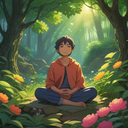 A serene landscape depicting a person meditating in nature, surrounded by lush greenery and blooming flowers, the sun shining softly through the trees, a gentle stream flowing nearby, conveying a sense of peace and tranquility, elements of personal growth and mindfulness, inviting atmosphere, vibrant colors, high-resolution