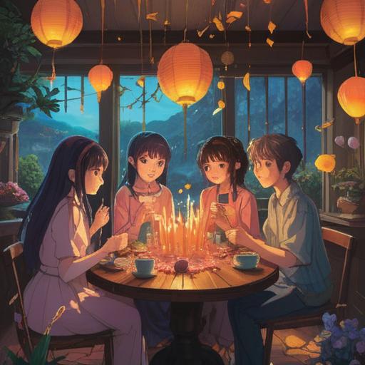 A mystical and serene illustration depicting a joyful birthday celebration, soft ethereal light, symbolic elements like candles and flowers, representations of spiritual growth and blessings, vibrant colors reflecting positive energy, a peaceful outdoor setting, surrounded by nature, 4k