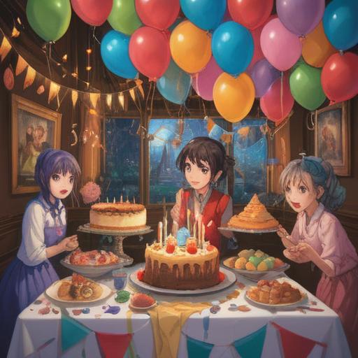 A cheerful illustration of a birthday celebration scene, vibrant decorations, colorful balloons, a table filled with delightful treats and a birthday cake, lucky charms like four-leaf clovers and shooting stars, joyful atmosphere, friends gathered around, warm smiles, magical sparkles, 4k