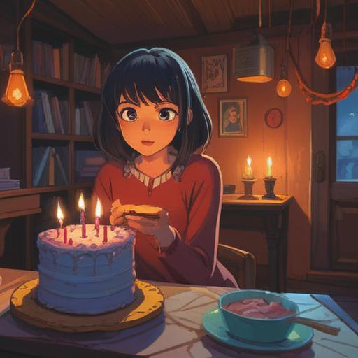 A serene scene of a person celebrating their birthday alone in a cozy room, surrounded by soft candlelight, a small cake with a single candle, warm blankets, and a window showing a starry night sky, feelings of self-care and reflection, peaceful atmosphere, capturing the essence of personal celebration, 4k
