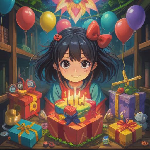 A whimsical illustration of a birthday celebration, vibrant colors, a beautifully wrapped gift with a number theme, lucky items like four-leaf clovers and horseshoes scattered around, festive balloons and cake in the background, a cheerful atmosphere, magical sparkles, inviting and joyful scene, 4k