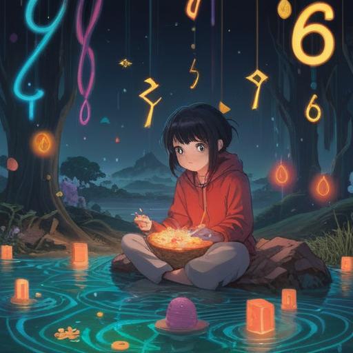 A serene scene depicting a person surrounded by floating numbers and symbols, representing their birthday number, a soft glow illuminating their thoughtful expression, nature in the background, gentle breeze, feeling of anticipation and readiness, peaceful atmosphere, symbolic representation of self-discovery, warm color palette, 4k