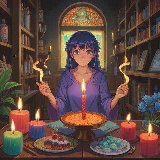 A mystical birthday scene, vibrant colors, a character experiencing a spiritual awakening, symbolic elements representing transformation, a serene atmosphere, candles symbolizing hope and new beginnings, ethereal light illuminating the surroundings, nature elements like flowers and butterflies, 4k