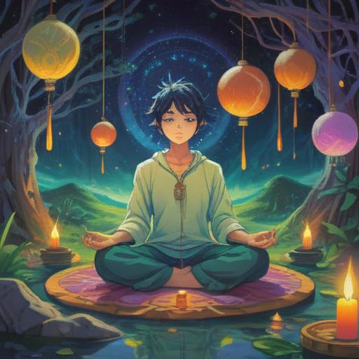 A mystical and serene illustration depicting spiritual signs during a birthday crisis, ethereal symbols glowing softly, a person meditating with a calm expression, surrounded by nature, subtle energy waves emanating, vibrant colors of a sunset sky, positive energy flow, detailed elements representing guidance and intuition, 4k
