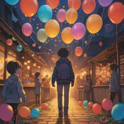 A vibrant scene depicting a character on their birthday, surrounded by various lucky items symbolizing resilience, bright colors, joyful atmosphere, balloons and cakes, a hint of magical sparkles, thoughtful expressions, rich details in the background, representing hope and determination, 4k