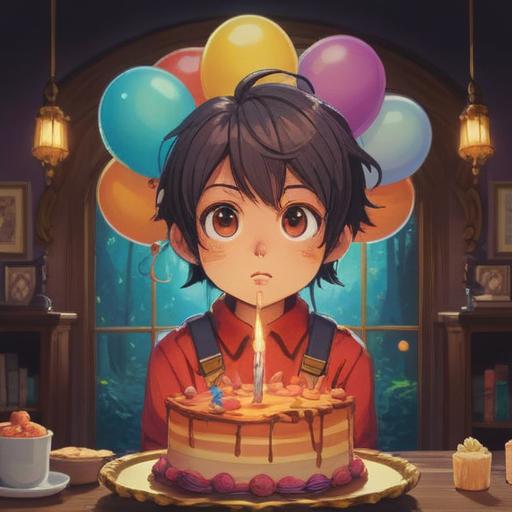 A heartfelt birthday celebration, colorful balloons and decorations, a beautifully decorated cake with candles, warm and joyful atmosphere, friends and family gathered around, cheerful smiles and laughter, vibrant party scene, thoughtful birthday message in the air, 4k