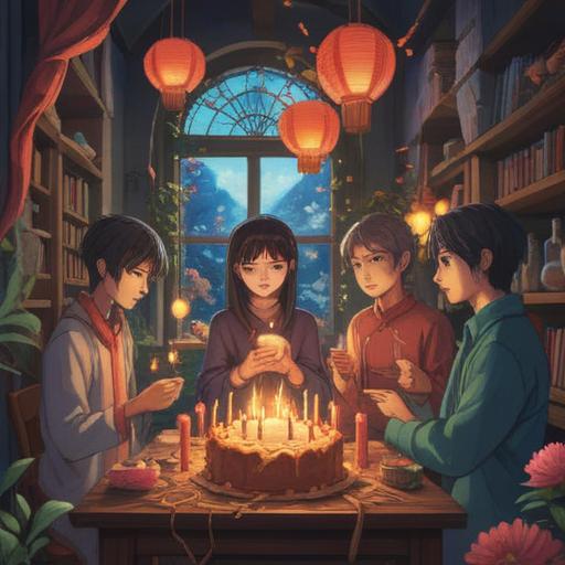 A serene and uplifting illustration depicting a spiritual birthday celebration, glowing candles surrounded by vibrant flowers, ethereal light illuminating the scene, joyful individuals in a circle, engaging in a spiritual ritual, harmonious energy in the air, soft pastel colors, 4k
