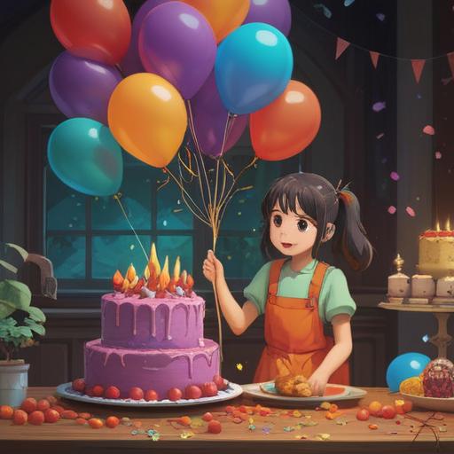 A magical scene showcasing a birthday celebration paired with a memorial tribute, colorful balloons and a beautifully decorated cake, surrounded by symbolic lucky items like four-leaf clovers and horseshoes, a serene atmosphere balancing joy and remembrance, intricate details on the table with candles and flowers, vivid colors, emotional warmth, 4k