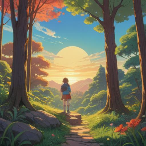 A transformative scene depicting positive habits, a person practicing mindfulness with a serene expression, surrounded by nature, vibrant sunlight filtering through trees, flowers blooming, feeling of peace and tranquility, visual representation of growth and change, harmonious colors, uplifting atmosphere, 4k