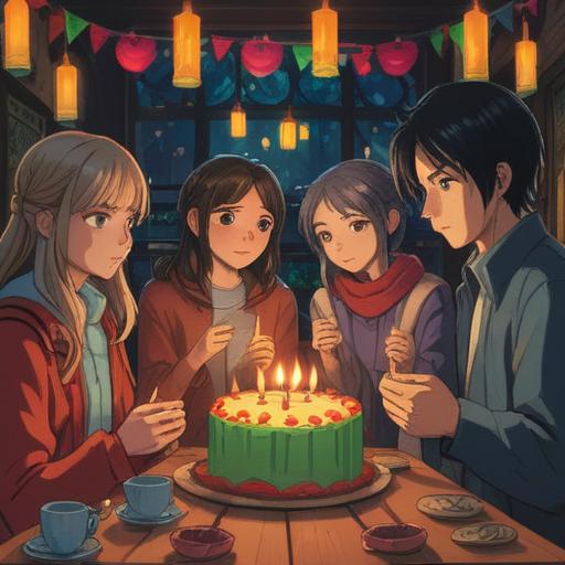 A spiritual scene depicting a birthday celebration, emotional tension between friends, symbolic representations of conflict and resolution, candles flickering with contrasting energies, vibrant colors to illustrate both joy and discord, elements of growth and transformation, ethereal atmosphere, intricate details, 4k