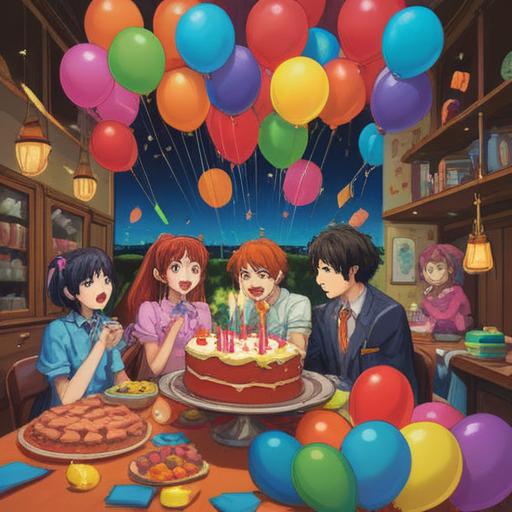 A surreal scene depicting a birthday celebration interrupted by a friendly argument, vibrant colors, balloons and cake in the foreground, characters expressing contrasting emotions yet smiling, a sense of harmony in chaos, spiritual symbols appearing in the background, radiant light illuminating the scene, a blend of joy and introspection, 4k