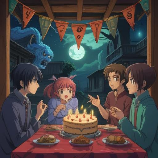 A tense scene depicting a birthday celebration gone wrong, guests arguing animatedly, spiritual symbols subtly integrated into the background, ominous atmosphere, contrasting joyful decorations, expressions of anger and confusion, hidden spiritual warning signs, detailed facial expressions, vibrant colors clashing with dark undertones, 4k