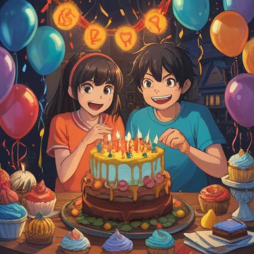 A vibrant illustration of a birthday celebration, depicting two characters in the midst of a playful argument, bright decorations, a colorful cake in the foreground, balloons floating around, a lucky charm symbolizing reconciliation, cheerful expressions, festive atmosphere, warm lighting, whimsical details, 4k