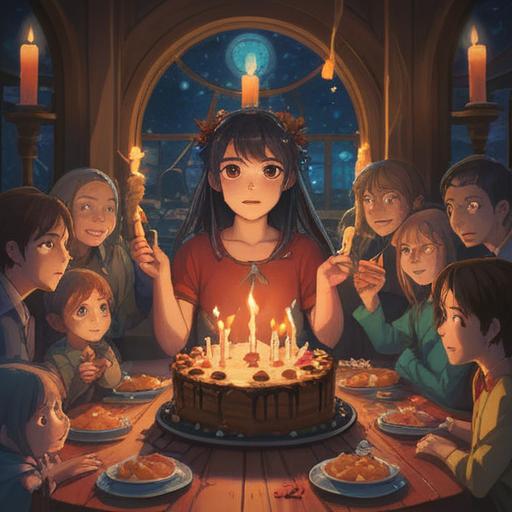 A serene scene depicting a person's birthday celebration, surrounded by glowing candles, ethereal light, a circle of friends sharing joyful moments, symbolic decorations representing growth and new beginnings, peaceful atmosphere, nature elements like flowers and trees, spiritual symbols like mandalas and chakras, 4k
