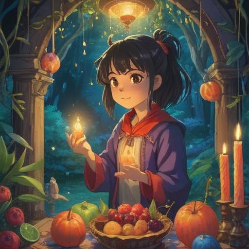 A unique birthday celebration, surrounded by nature, symbolic elements representing spirituality, joyful gathering of friends, candles, ethereal lights, colorful decorations, connection with the universe, personal growth, positive energy, 4k