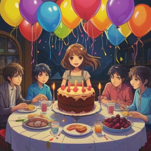 A vibrant illustration of a birthday celebration, colorful balloons and decorations, a table filled with a beautiful birthday cake, party hats and cheerful guests, lucky numbers creatively displayed, warm and inviting atmosphere, joy and excitement in the air, detailed background, 4k