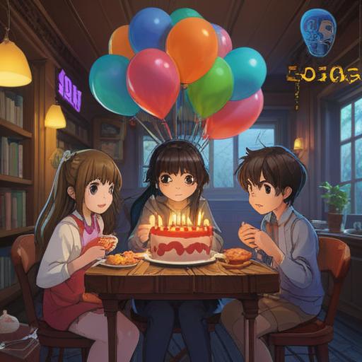 A heartfelt thank-you message for a birthday celebration, joyful atmosphere, colorful balloons and decorations, a cake with candles, friends and family gathered around, smiling faces, warm lighting, beautifully written message on a card, 4k