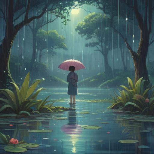 A serene and mystical illustration depicting a rainy birthday scene, soft raindrops creating ripples on a calm pond, an ethereal glow surrounding the birthday candles on a cake, lush greenery reflecting the beauty of nature, a sense of tranquility and reflection, vibrant colors contrasted with subtle rain tones, spiritual symbolism of renewal and growth, 4k