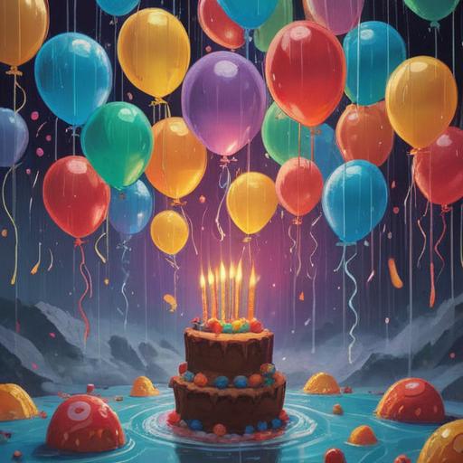 A spiritual scene depicting a birthday celebration in the rain, soft raindrops falling gently on a vibrant cake, colorful balloons floating in the air, a joyful atmosphere, interwoven with elements of nature, such as blooming flowers and lush greenery, symbolizing growth and renewal, warm glows of candles flickering in the rain, a serene expression on the birthday person's face, reflecting happiness and tranquility, enchanting and uplifting vibe, 4k