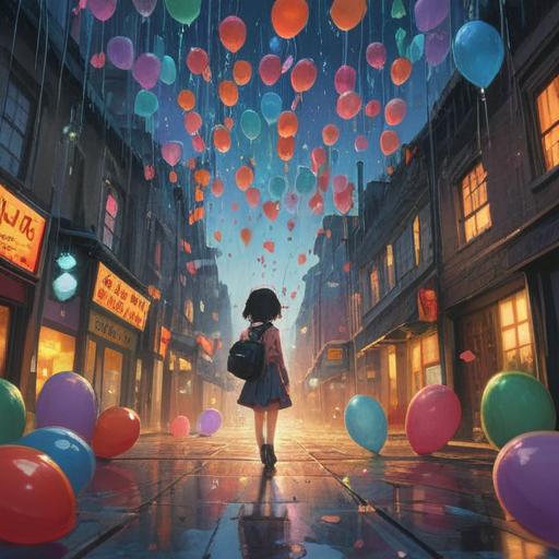 A mystical scene depicting a birthday celebration under falling rain, vibrant balloons in the foreground, shimmering raindrops creating an ethereal glow, candles flickering despite the weather, subtle symbols of spiritual signs like feathers and butterflies appearing in the background, surreal and dreamlike atmosphere, conveying a sense of introspection and transformation, 4k