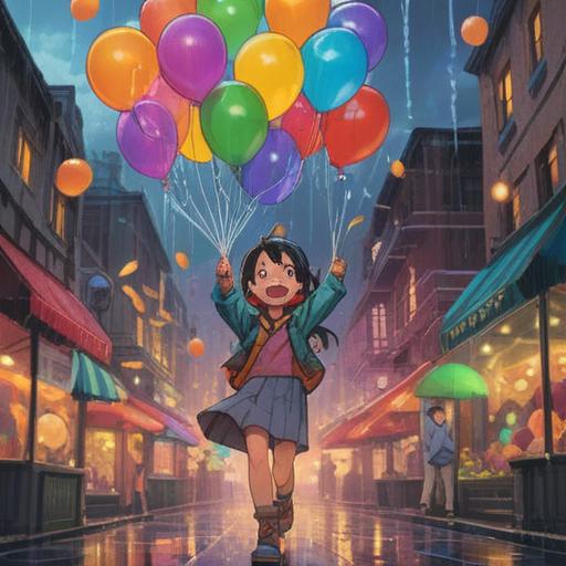 A cheerful birthday scene on a rainy day, colorful balloons floating above, a smiling character holding a lucky item, vibrant decorations, raindrops creating a soothing ambiance, a cozy indoor setting with cake and gifts, warm lighting, playful atmosphere, uplifting mood, celebration vibes, 4k