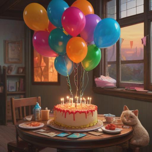 A cozy indoor scene, a birthday celebration on a rainy day, colorful balloons and a decorated cake on a table, warm lighting illuminating the room, a window showing raindrops sliding down the glass, a smiling family gathered around, cheerful decorations, a sense of joy and togetherness, inviting atmosphere, 4k