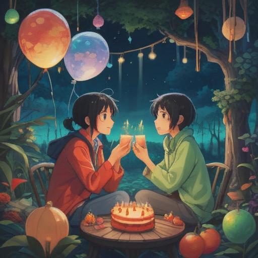 A peaceful, serene scene depicting two friends celebrating their birthdays one day apart, soft ethereal light, symbolic elements of growth and connection, colorful birthday decorations, candles representing spiritual energy, a dreamy landscape with gentle hues, reflecting the bond and spiritual significance of their unique relationship, harmonious atmosphere, 4k