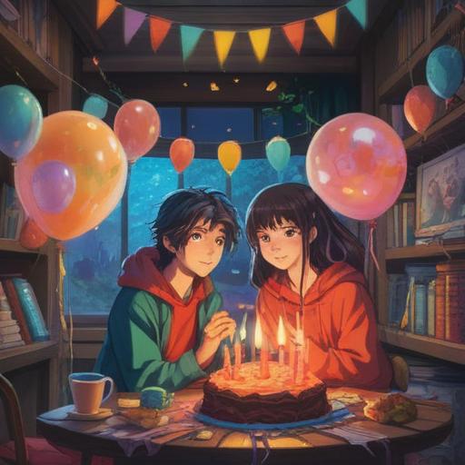 A serene and magical scene depicting two friends celebrating their birthdays just one day apart, vibrant colors, ethereal lighting, joyful expressions, surrounded by symbolic elements representing spiritual growth, intertwined timelines, harmonious connection, a beautiful cake with candles, lush natural setting, peaceful atmosphere, 4k