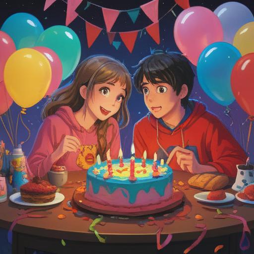 A captivating illustration depicting two friends discovering their lucky number secret on their birthdays, vibrant celebration scene, colorful balloons and birthday cake, expressions of surprise and joy, playful confetti raining down, warm sunlight filtering through, whimsical atmosphere, intricate details in the background, 4k