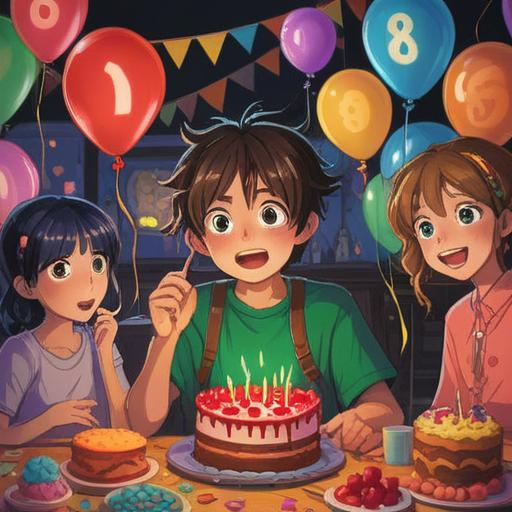 A whimsical illustration of a birthday celebration, vibrant decorations, balloons in the shape of lucky numbers, a glowing cake with candles, friends gathered around in joy, a sense of mystery in the air, magical atmosphere, confetti falling, enchanting colors, detailed background elements, 4k