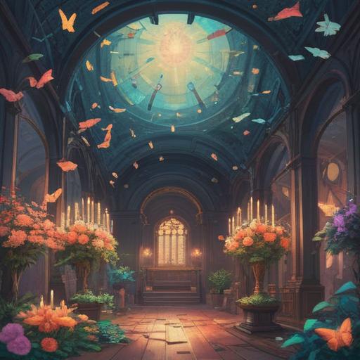 A serene and uplifting scene depicting a birthday celebration, soft ethereal glow, symbols of spiritual growth such as butterflies and flowers, a person reflecting in joy and gratitude, surrounded by friends and family, warm lighting, a sense of harmony and connection, magical atmosphere, colorful decorations, 4k